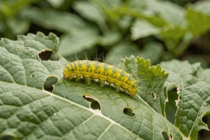 Chenille jaune et verte grignotant une feuille trouée dans un potager, vue macro détaillée