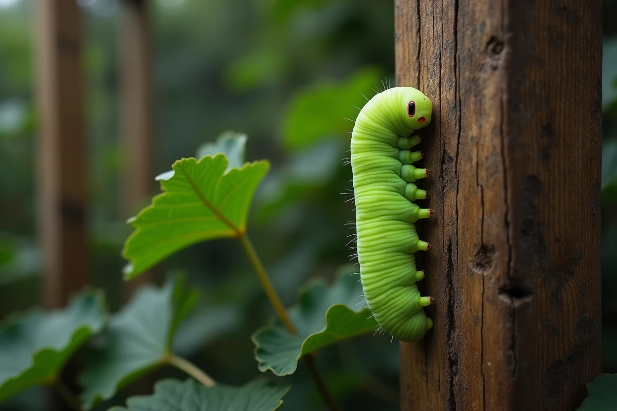 Chenille verte fluo en cours de transformation en chrysalide fixée sur un tuteur en bois dans un potager
