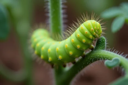 Chenille verte fluo sur une tige de plant de tomate dans un potager, vue macro avec détails des segments et soies