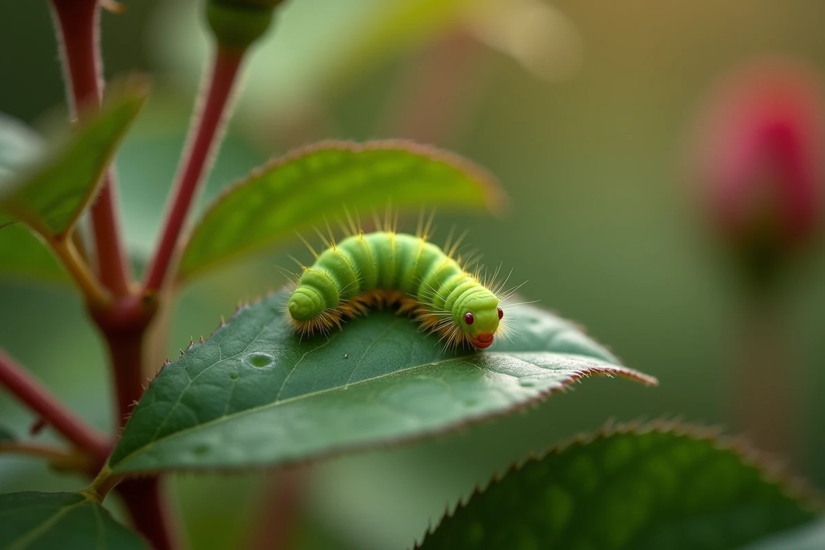 Chenille verte en train de ronger le bord d'une feuille de rosier dans un jardin