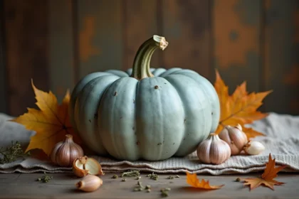 Citrouille Bleu de Hongrie entière posée sur une table en bois rustique avec des herbes séchées et des feuilles d'automne