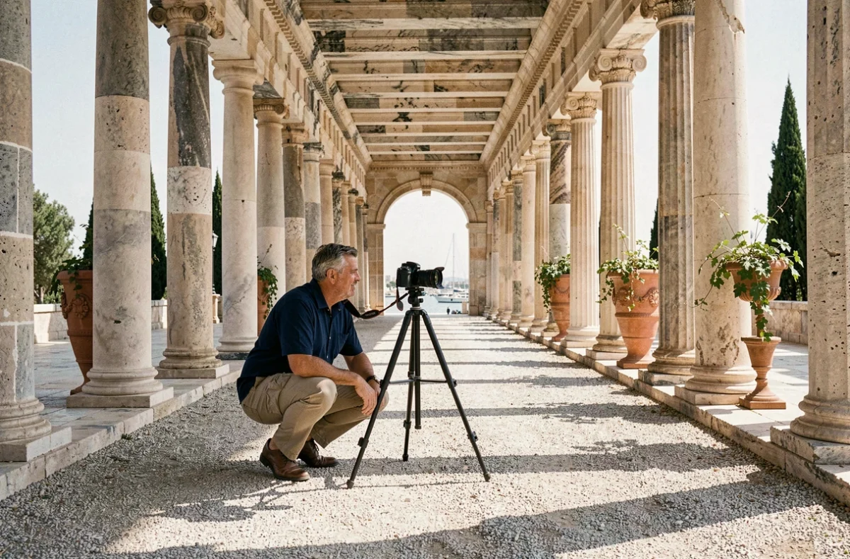 Photographe accroupi cadrant l'arcade à colonnes des jardins Barrakka supérieurs de Malte avec un trépied