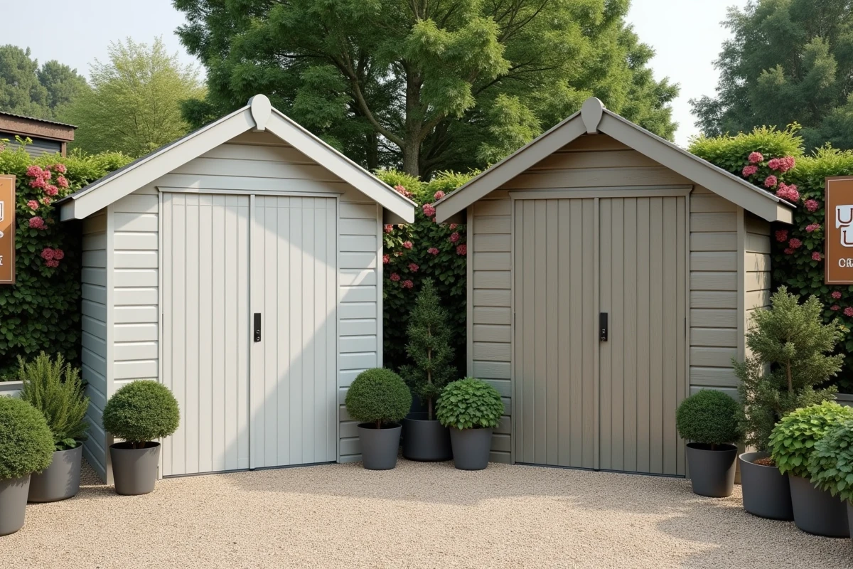Comparaison côte à côte d'un abri en résine neuf et d'un abri vieilli dans un centre jardinerie