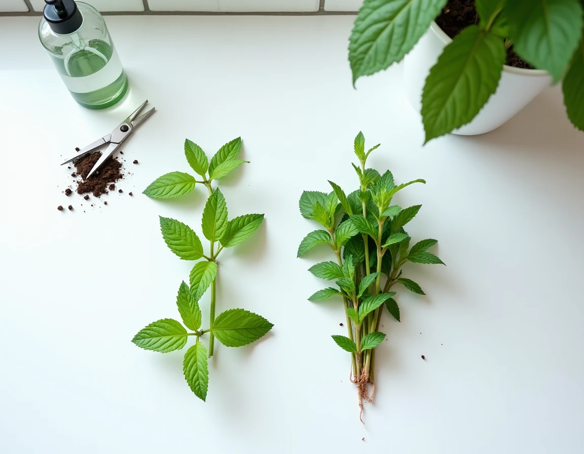 Comparaison à plat entre feuilles de menthe saines et noircies avec outils de jardinage sur plan de travail en céramique blanche