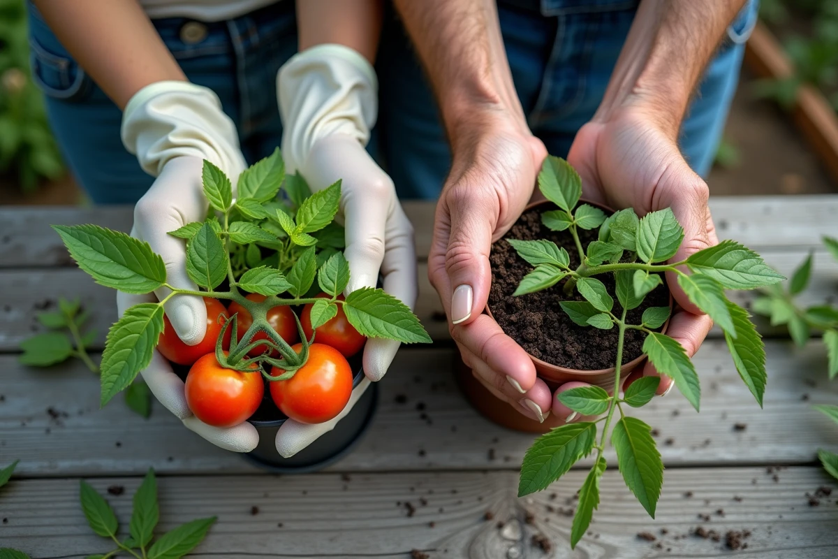 Comparaison de la taille des tomates en serre et en plein air sur une table de jardinage