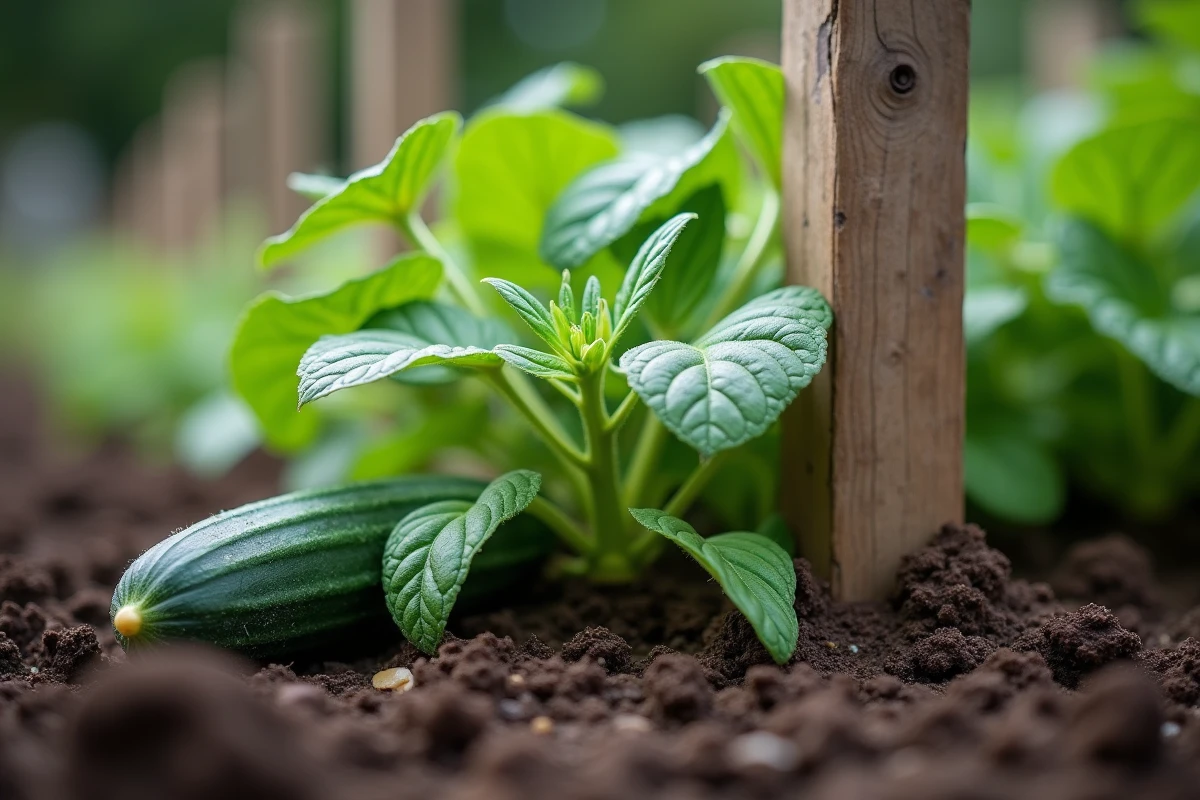 Gros plan d'un concombre envahissant un plant de sauge dans un potager, mauvaise association de légumes