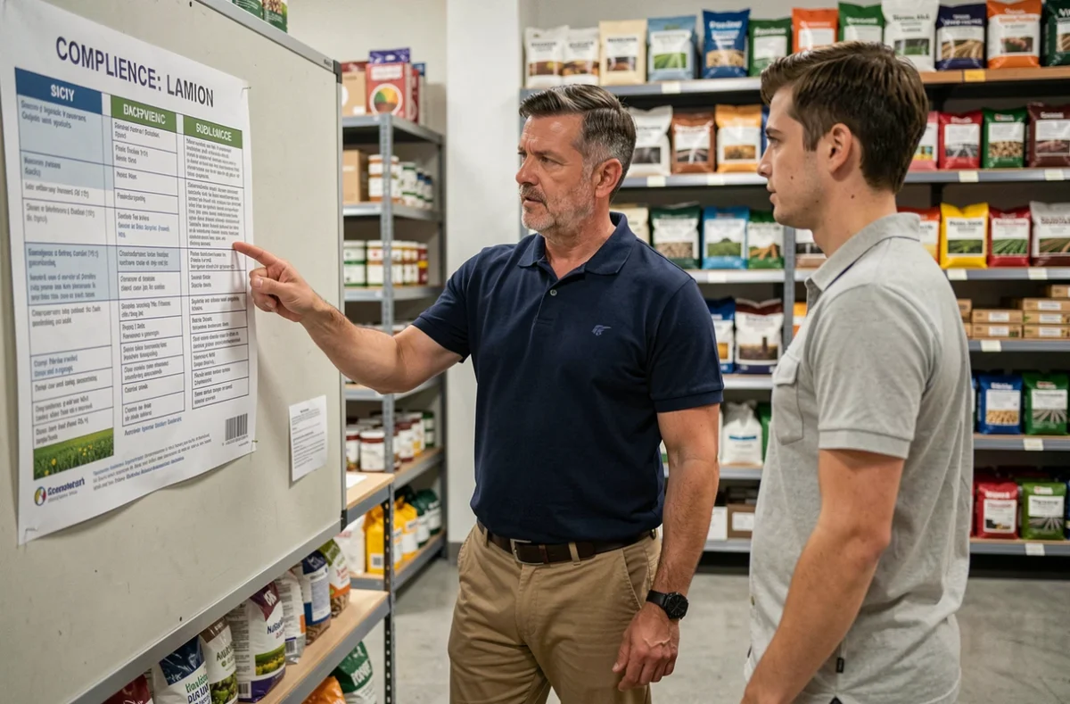 Conseiller agricole expliquant la réglementation glyphosate à un client dans un magasin de produits phytosanitaires