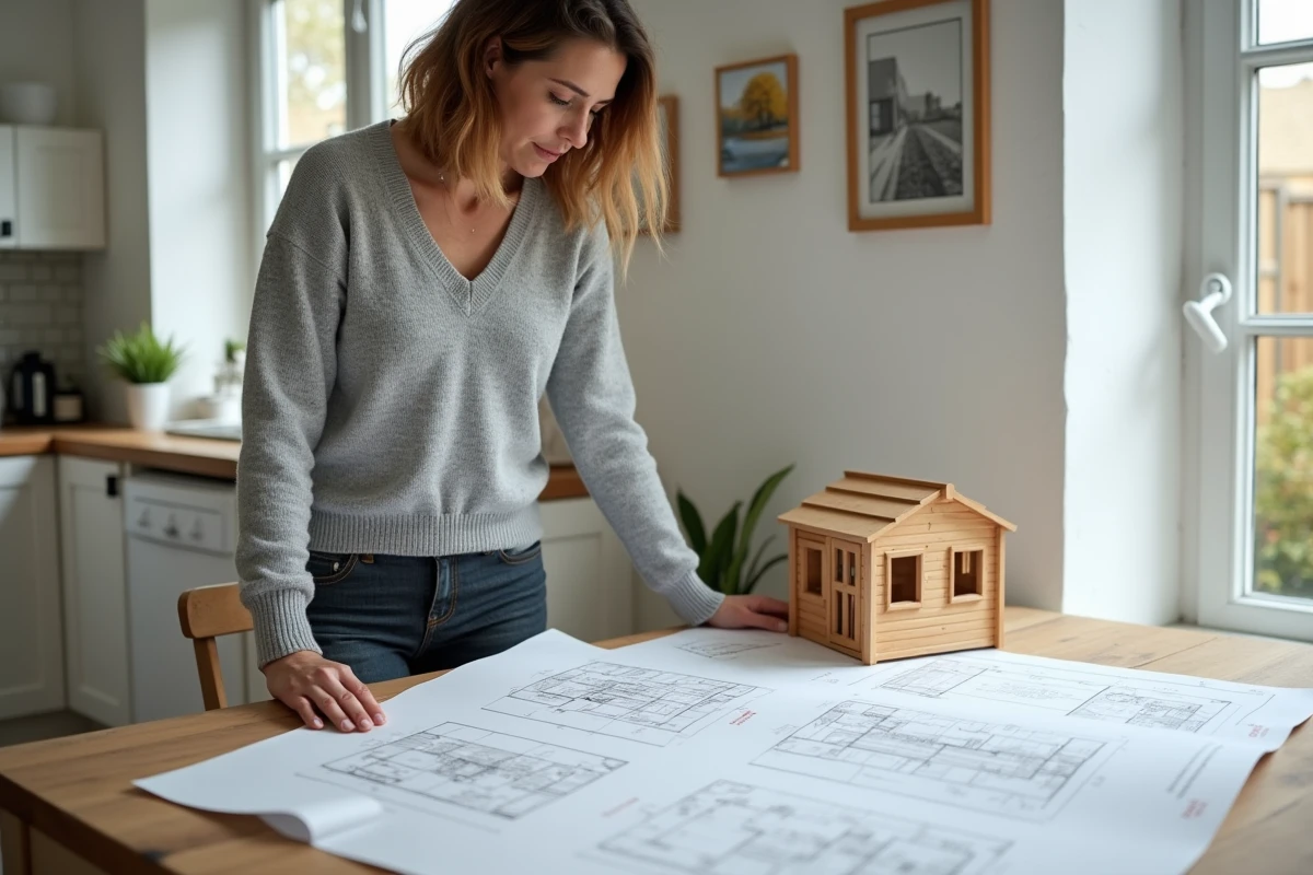 Femme consultant des plans de chalet de jardin sur une table pour respecter les règles de construction sans permis