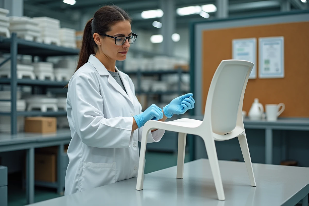 Contrôleuse qualité inspectant une chaise de jardin en aluminium dans une usine Hespéride