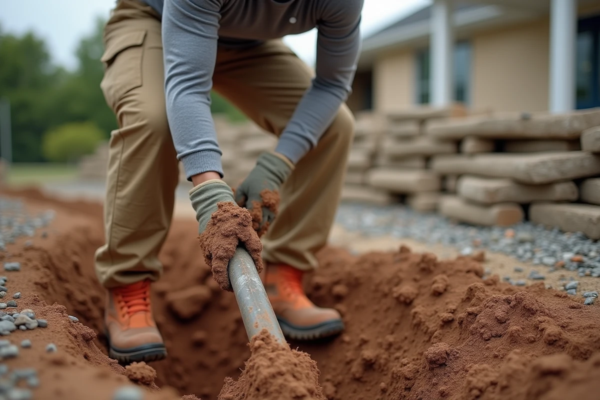 Femme utilisant un levier de terrassement pour creuser une tranchée dans un sol argileux compact