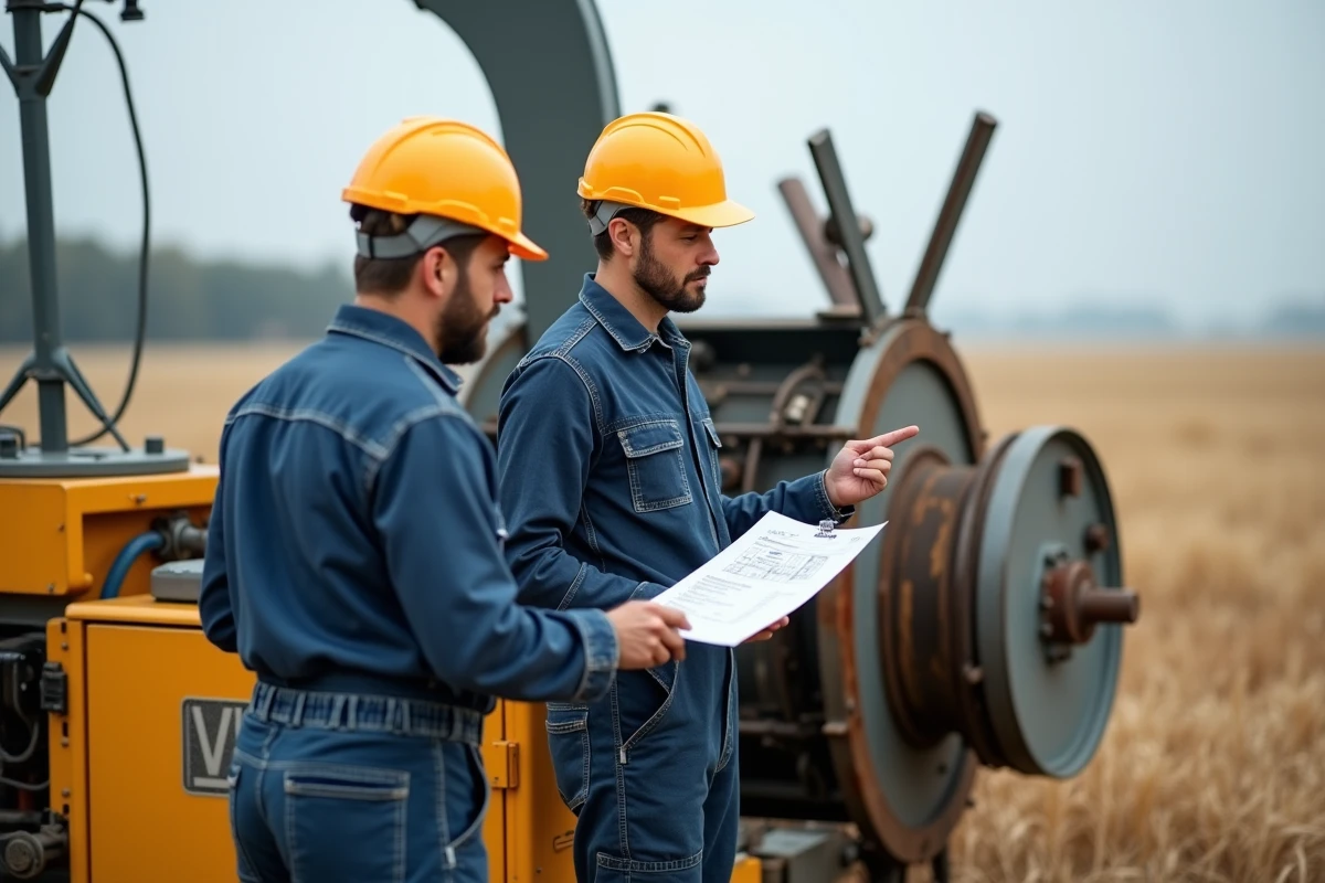 Techniciens agricoles évaluant les critères de taille d'un broyeur à tambour monté sur tracteur dans un champ