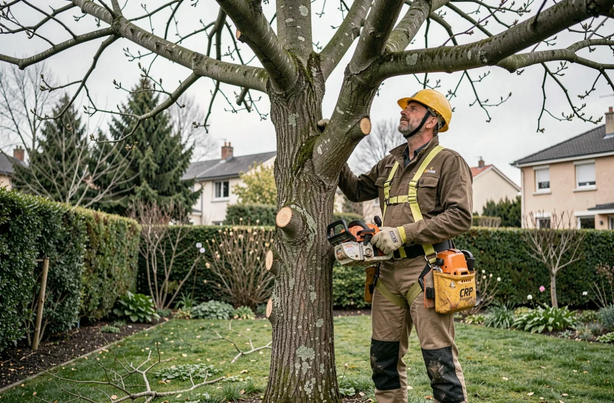 Un élagueur professionnel de CRP Élagage équipé de matériel de sécurité inspectant un arbre élagué dans un jardin lyonnais