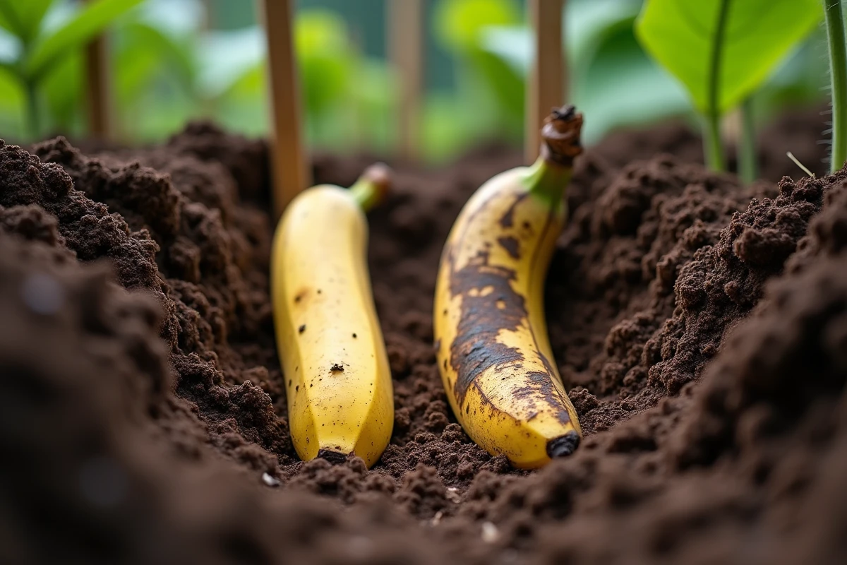 Gros plan sur des peaux de banane en décomposition dans la terre du jardin pour fertiliser le sol