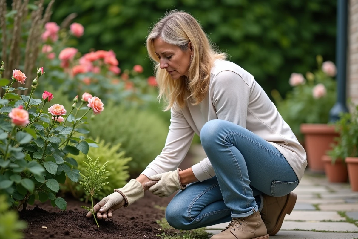 Jardinière inspectant les dégâts causés par des déjections canines sur les plantes d'un massif de jardin