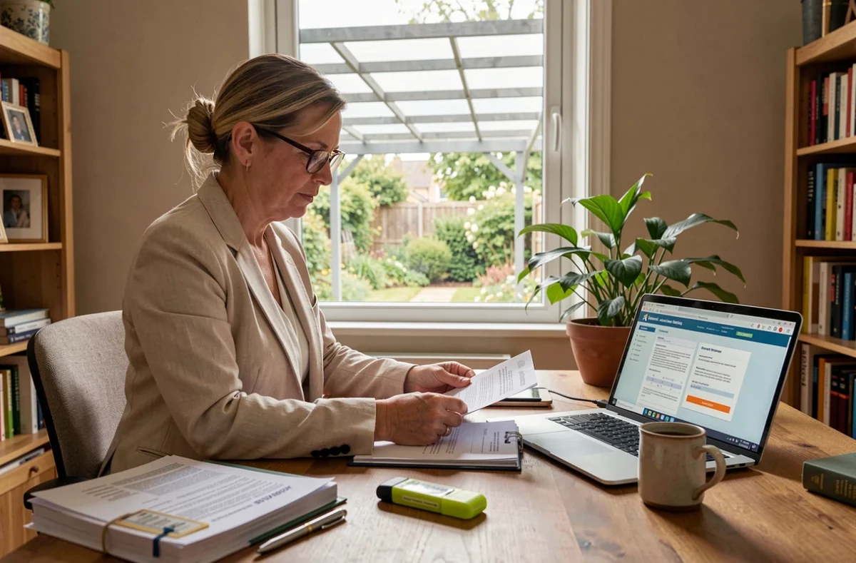 Femme consultant les dossiers de demande d'aides financières pour une pergola solaire depuis son bureau à domicile à Geispolsheim