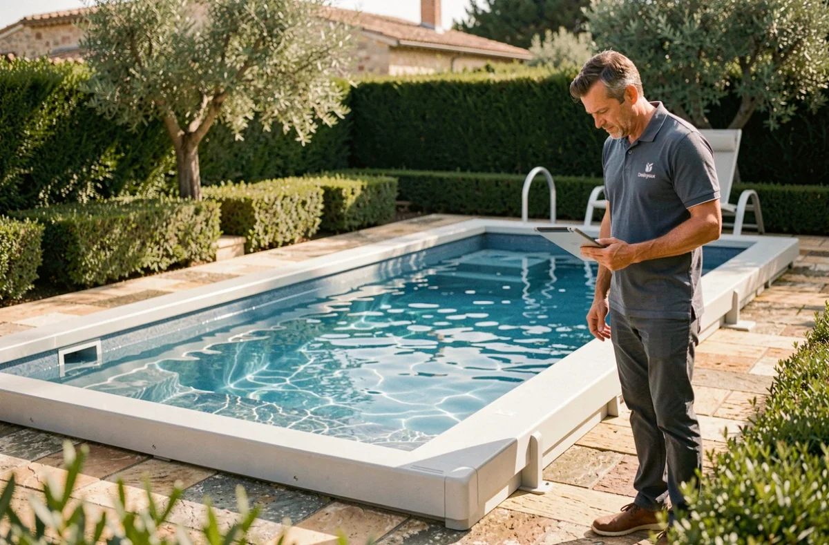 Technicien Desjoyaux inspectant une piscine modulaire rectangulaire aux eaux cristallines dans un jardin provençal
