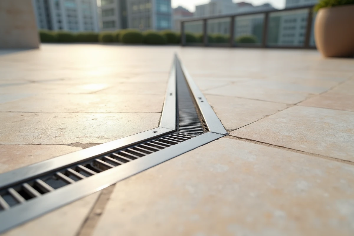 Détail de finition d'une terrasse en pierre naturelle avec caniveau en inox, illustrant la qualité des matériaux haut de gamme