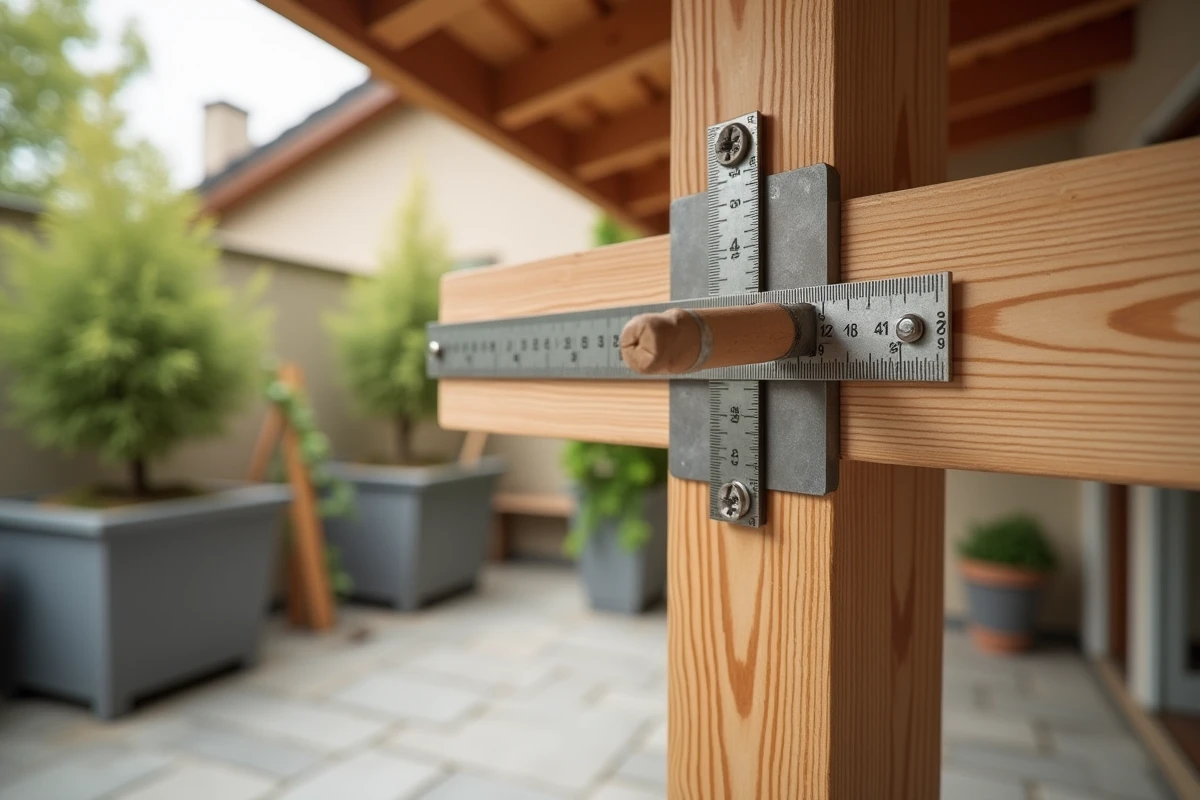 Détail de la pente du toit d'une pergola avec équerre et chevron en bois