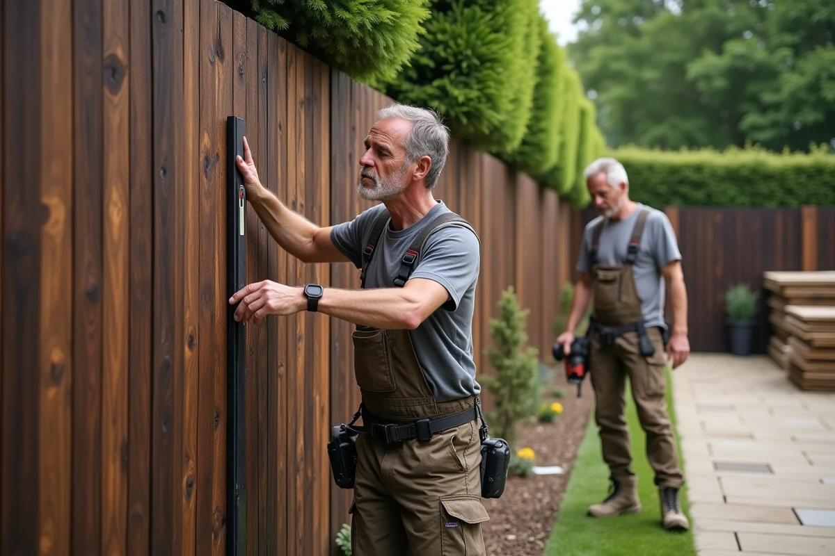 Deux artisans collaborant pour installer des panneaux de clôture en bois dans un jardin