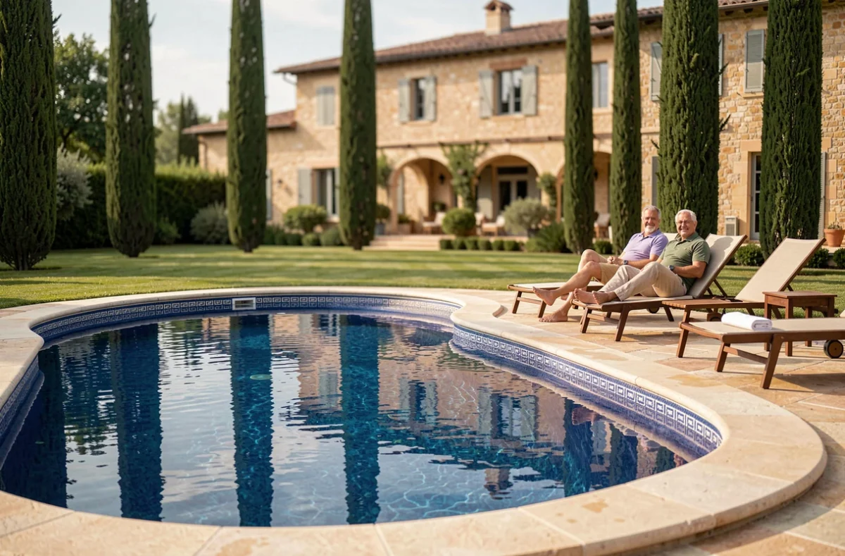 Piscine sur mesure Diffazur à forme libre avec carrelage mosaïque bleu cobalt dans une propriété d'Aix-en-Provence