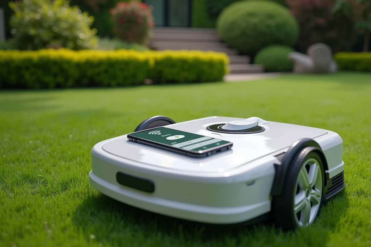 Écran de tondeuse robotisée affichant une connexion WiFi avec smartphone posé dessus