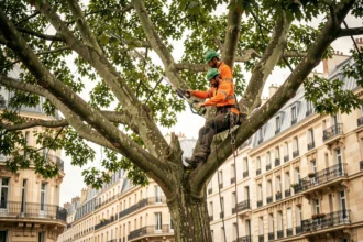Élagueur professionnel en train d'élaguer un grand platane sur un boulevard parisien avec harnais de sécurité
