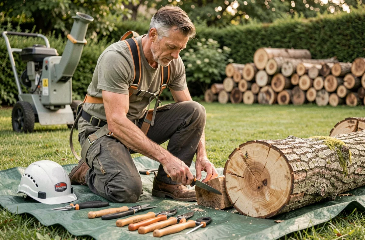 Élagueur professionnel inspectant et entretenant ses outils de taille au sol après une intervention, harnais de grimpe bouclé et casque posé à côté dans un jardin privé