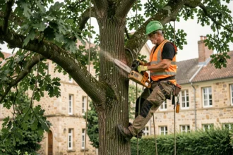 Élagueur professionnel en tenue de sécurité travaillant dans un arbre à Limoges