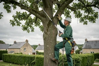 Élagueur professionnel en Loire-Atlantique taillant un grand chêne avec une perche élagueuse dans un quartier résidentiel