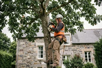 Élagueur professionnel grimpant dans un chêne en Finistère avec équipement de sécurité certifié