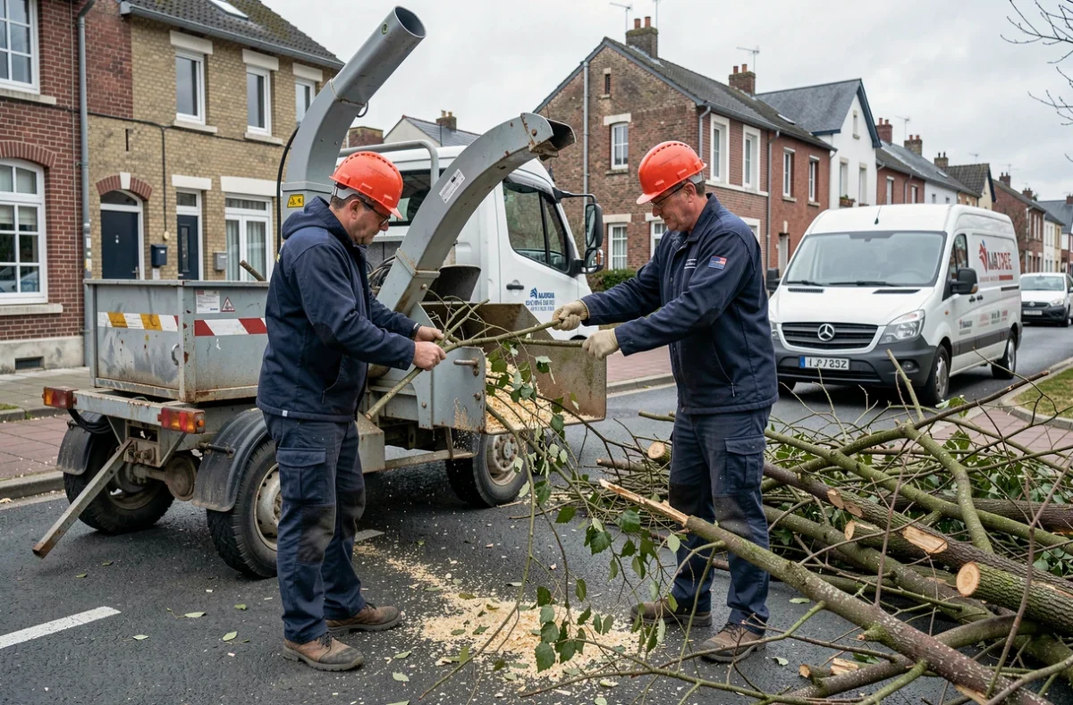 Deux élagueurs utilisant un broyeur de branches dans une rue résidentielle de Nantes en Loire-Atlantique