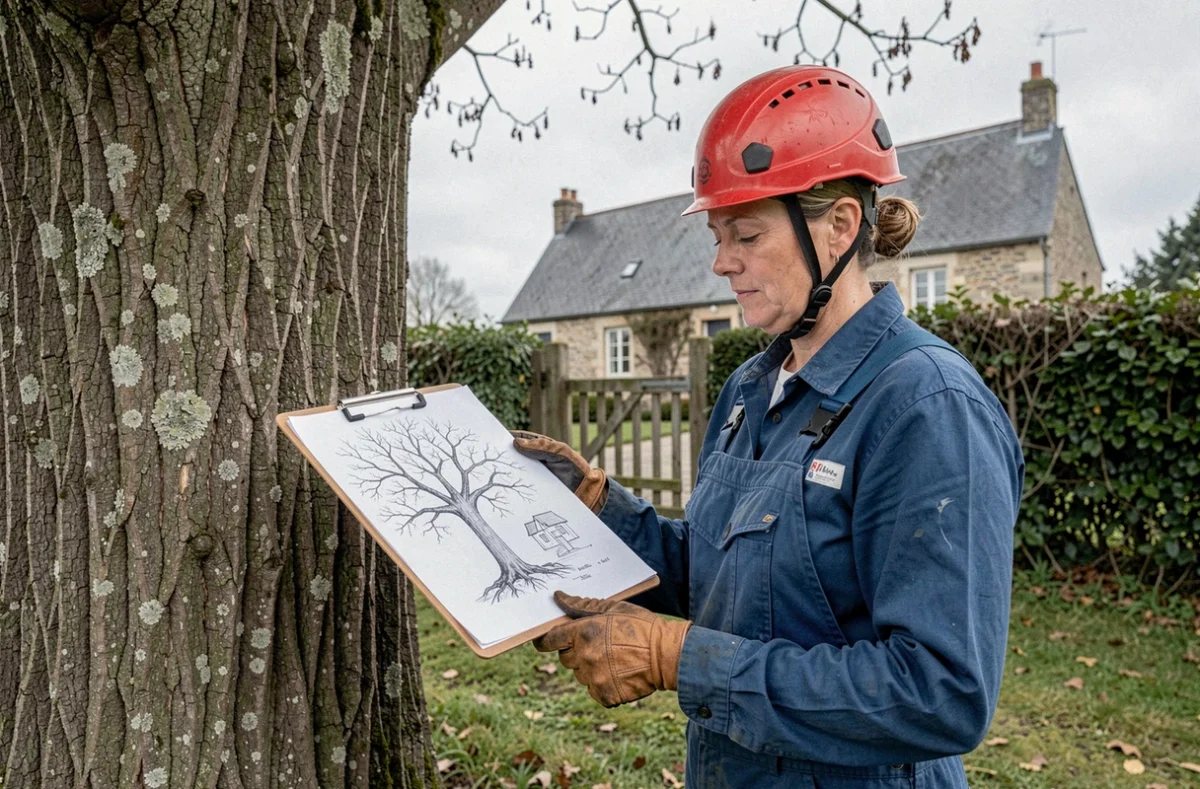 Élagueuse experte évaluant un hêtre centenaire sur une propriété privée en Finistère