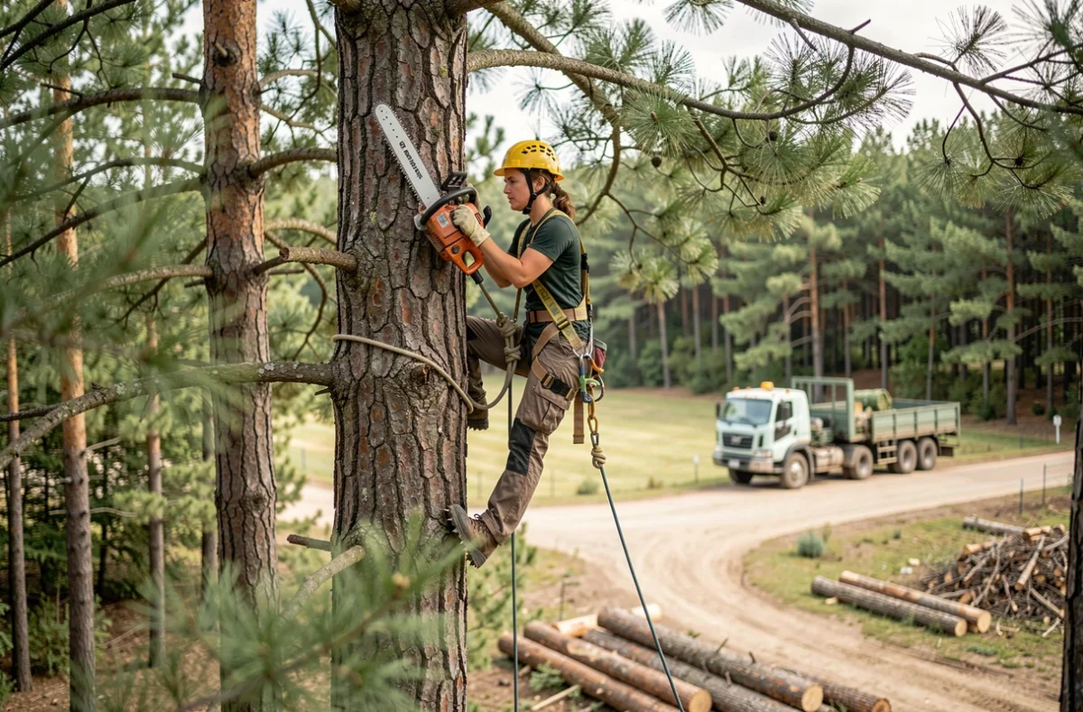 Élagueuse grimpeure professionnelle perchée dans un pin avec une tronçonneuse, harnais de sécurité complet et casque jaune, travaux forestiers en hauteur