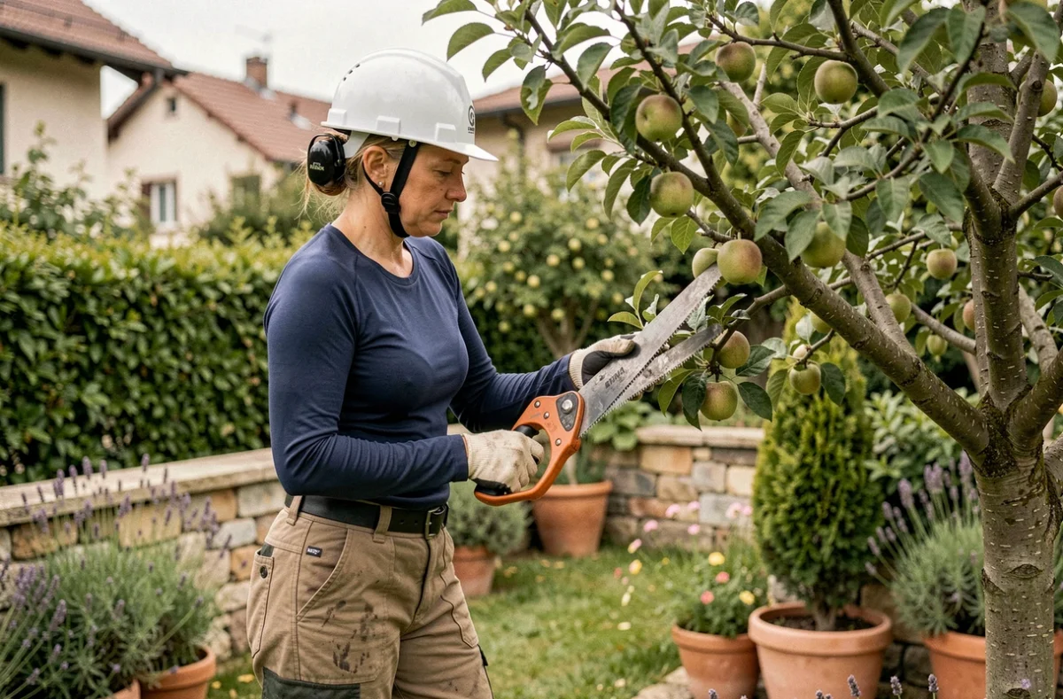 Élagueuse professionnelle taillant un arbre fruitier dans un jardin résidentiel de Grenoble