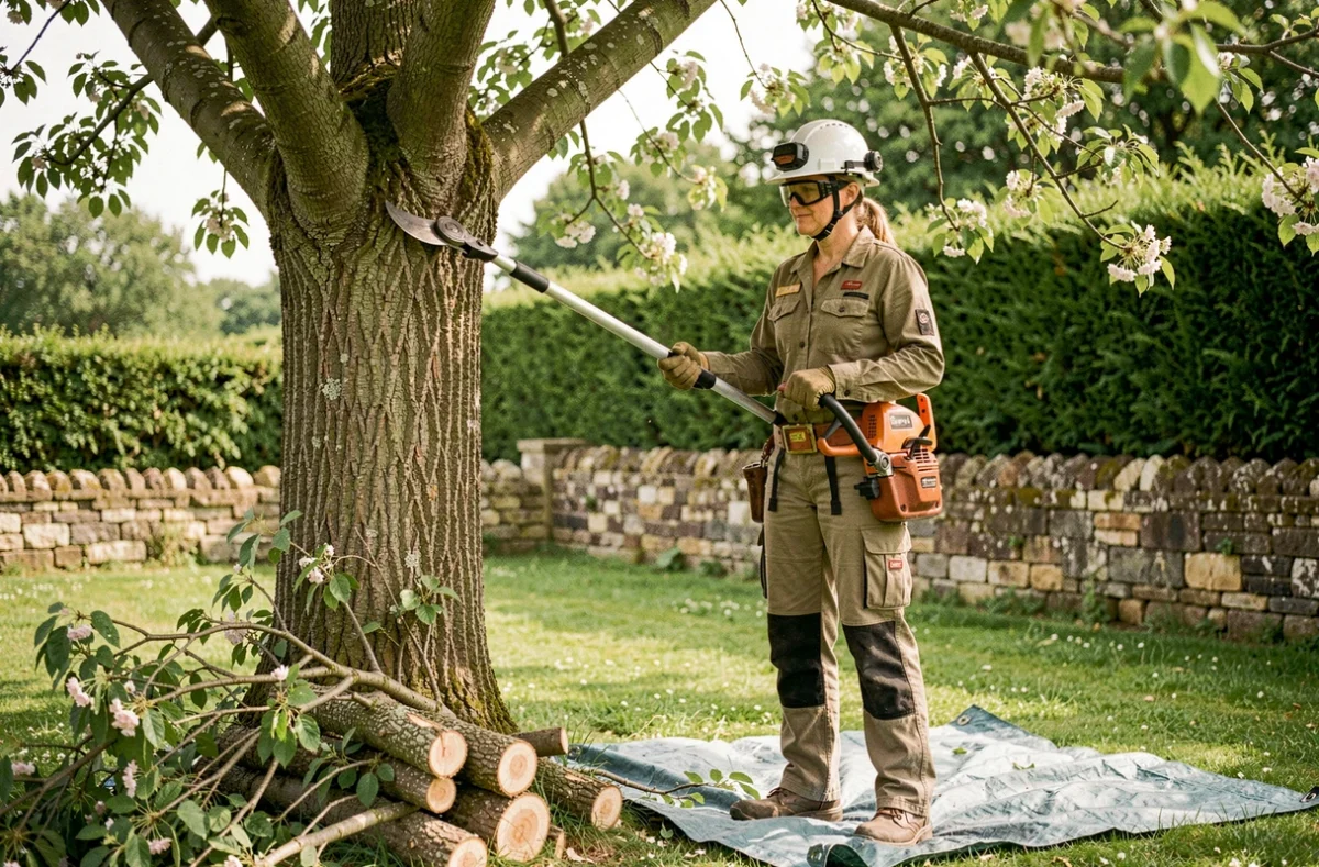 Élagueuse professionnelle taillant un cerisier dans un jardin privé à Limoges