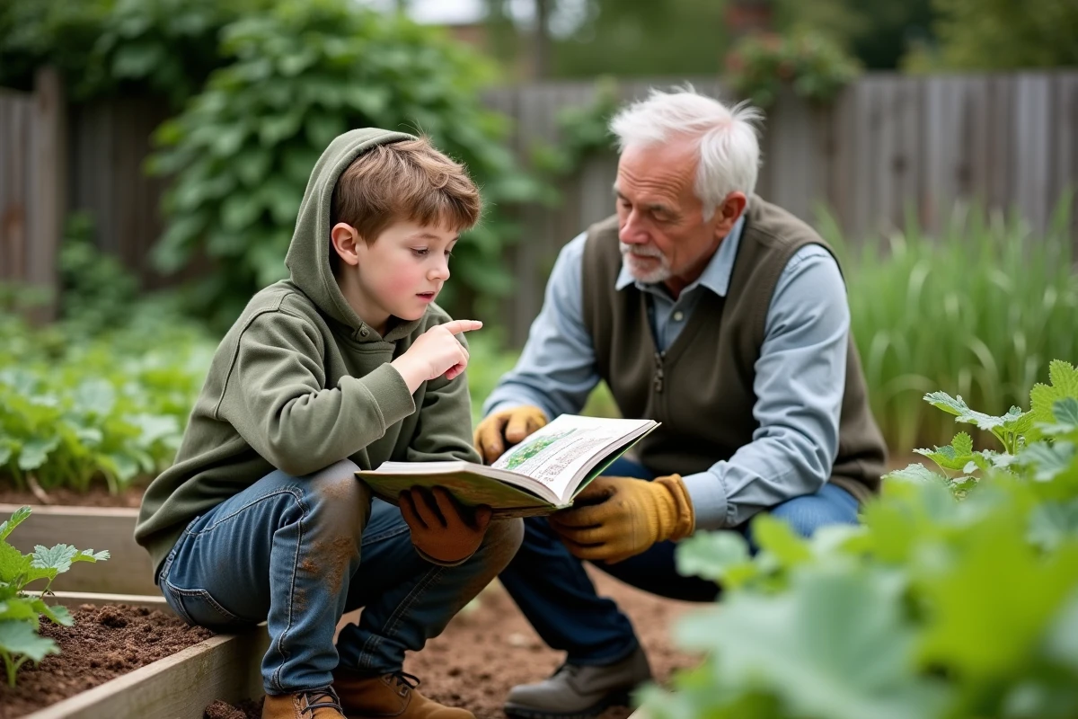 Enfant et grand-père découvrant ensemble un livre de permaculture dans un potager familial