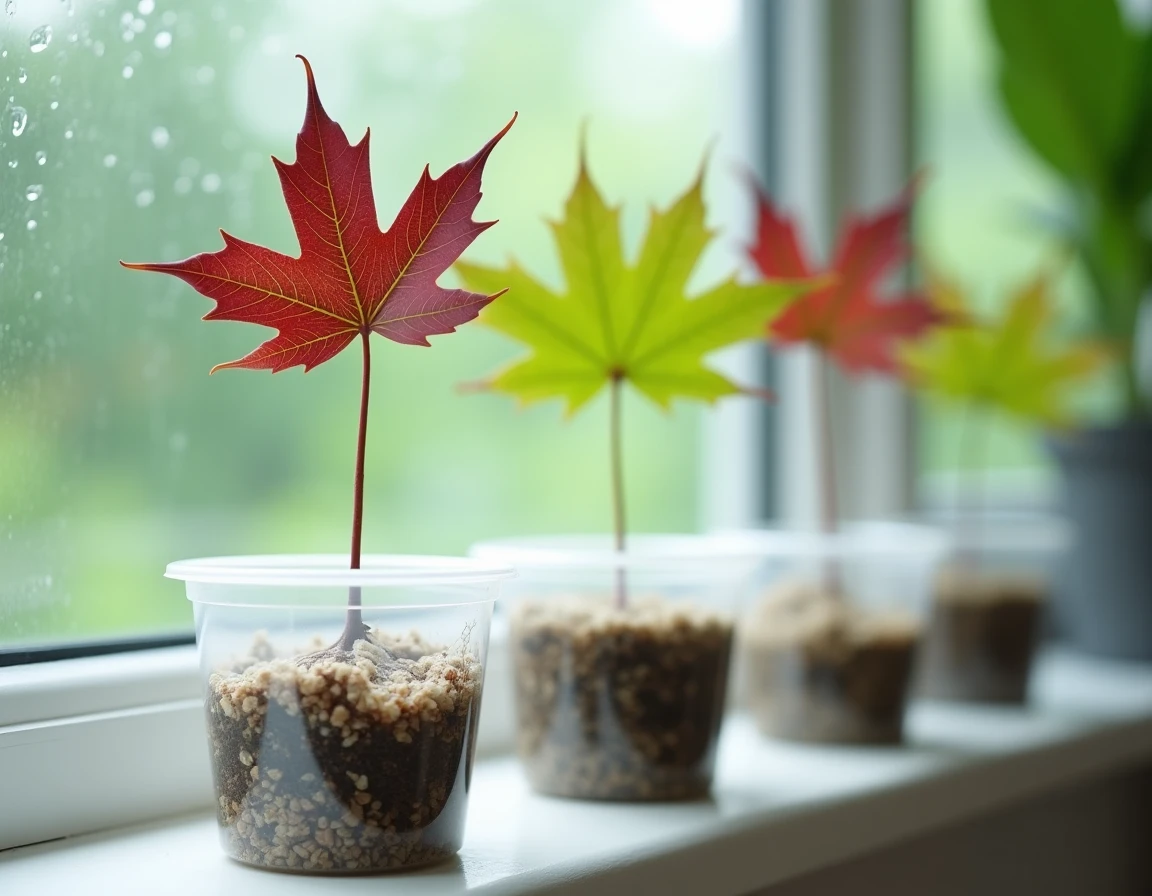 Boutures d'érable du Japon en enracinement dans des godets transparents sur un appui de fenêtre avec racines visibles et nouvelles feuilles bordeaux