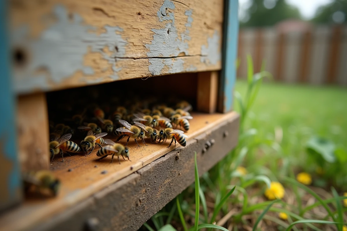 Gros plan sur l'entrée d'une ruche en bois avec des abeilles chargées de pollen