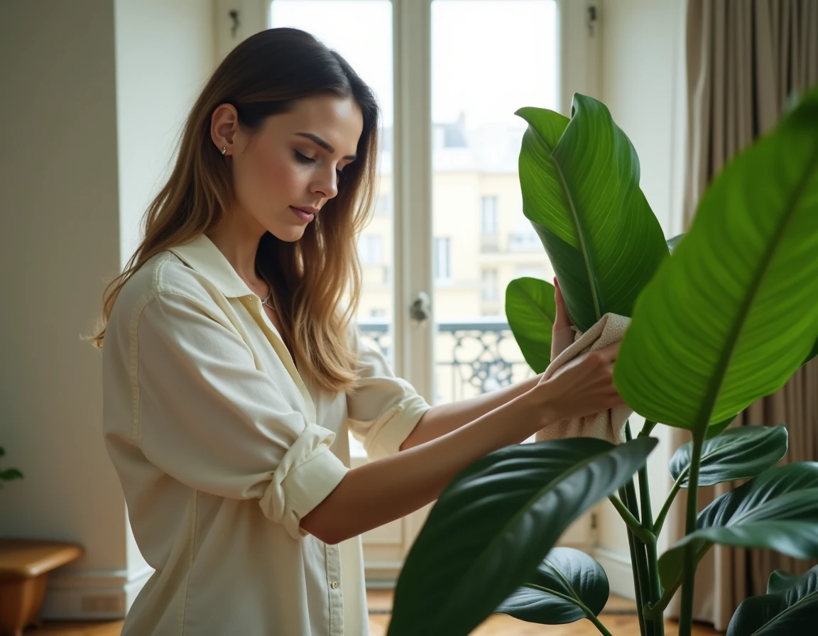 Femme entretenant un ficus lyrata en essuyant ses feuilles dans un appartement parisien
