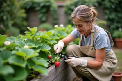 Femme entretenant ses fraisiers en plein air sans produits chimiques, taillant les stolons et feuilles mortes à la main dans un potager de jardin rustique