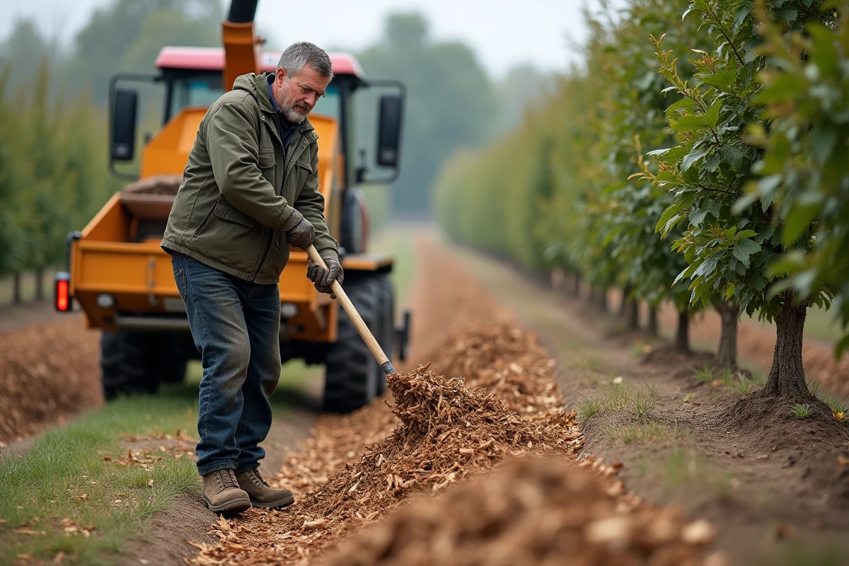 Homme épandant des copeaux de bois fraîchement broyés au pied de jeunes arbres fruitiers dans un verger