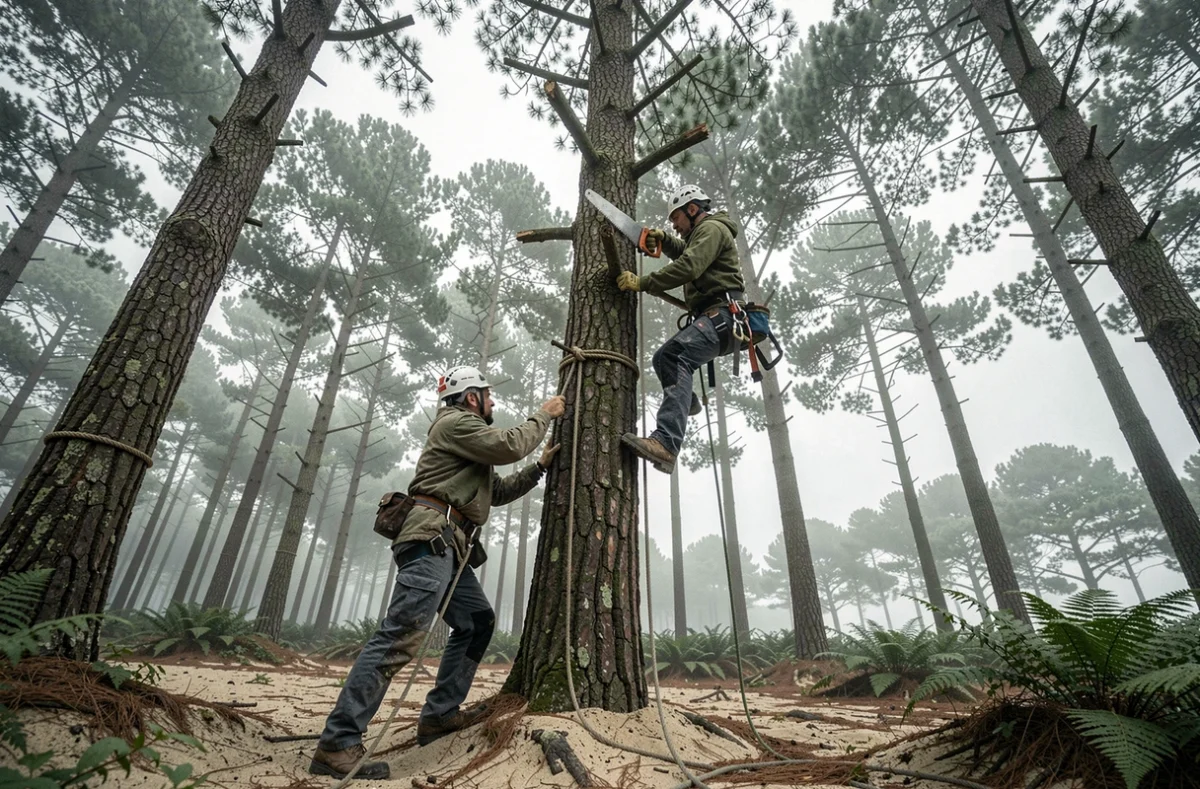 Équipe d'élagueurs travaillant en hauteur dans une pinède côtière du Finistère
