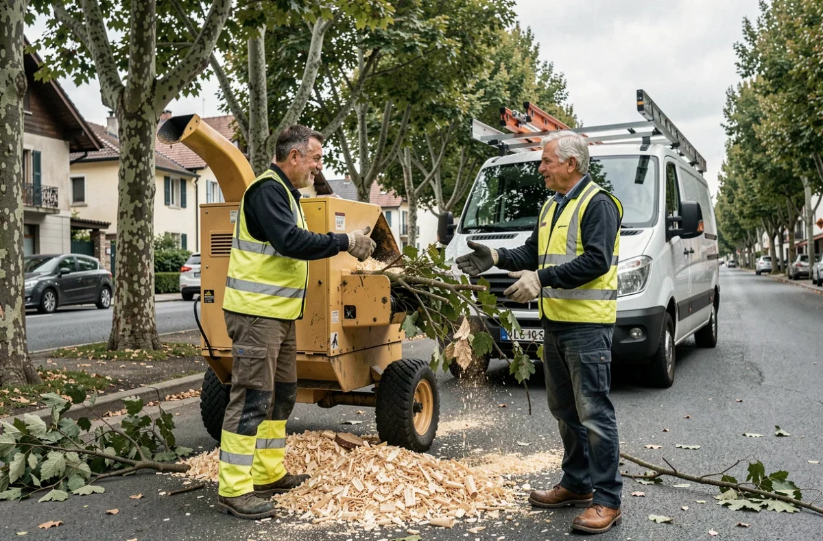 Deux élagueurs chargeant des branches dans un broyeur de végétaux dans une rue de Grenoble