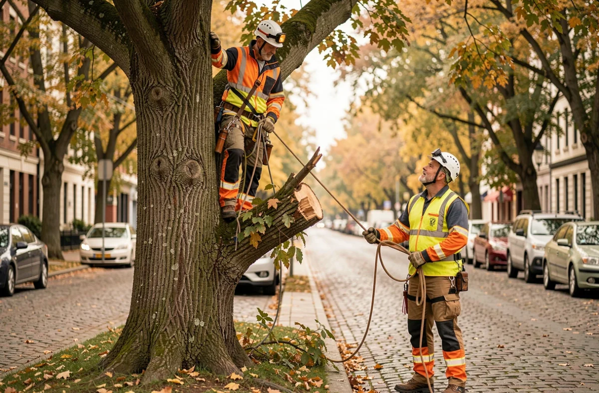 Deux bûcherons élagueurs en équipe sur un boulevard urbain, l'un grimpant dans un platane et l'autre guidant une branche coupée au sol à l'aide d'une corde