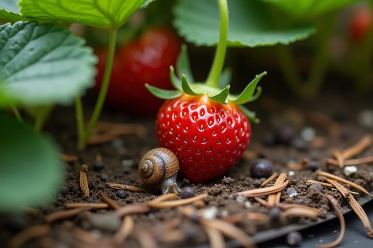 Escargot de jardin approchant une fraise protégée par une barrière de gravier et de paillis de feuilles de pin