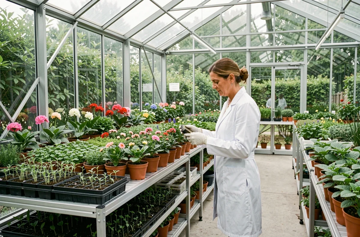 Une horticultrice des Établissements Horticoles Vuillermet examinant des plantes en serre dans un environnement horticole professionnel
