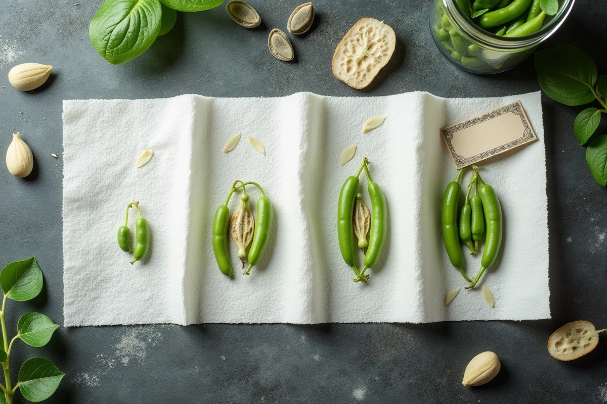 Étapes de germination des graines de haricots sur papier humide avant semis, vue de dessus