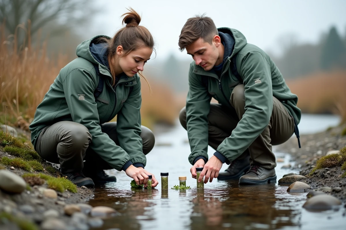 Étudiants en écologie prélevant des plantes aquatiques au bord d'un cours d'eau lors d'une étude botanique