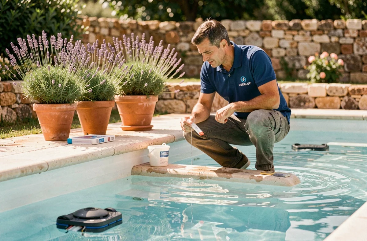 Technicien Everblue analysant la qualité de l'eau d'une piscine résidentielle dans un jardin provençal avec robot de nettoyage visible