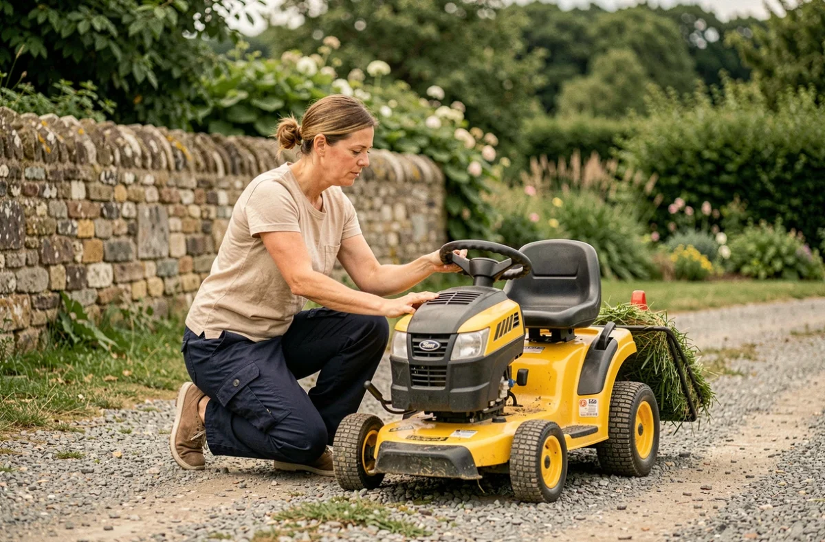 Femme fixant un accessoire de ramassage sur un tracteur tondeuse dans une propriété rurale française